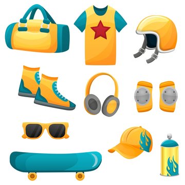 Vector set of protective skateboard gear and clothing. Graffiti and street art kit. Skateboarding sport equipment and accesories. Skate riding set. Vector illustration.