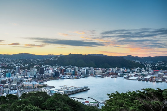 Aerial view of Wellington City with sunset from Mt Victoria  - New Zealand