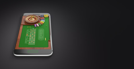 Mobile phone screen roulette game concept 3d illustration. Minimal gambling background design