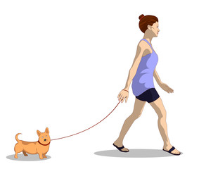 A woman in her home clothes walks a dog.