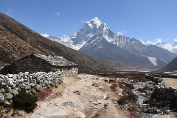 Way to Mount Ama Dablam through old Yak farms in Pheriche Valley, Nepal