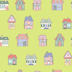 Seamless colorful pattern with houses. Background suitable for textile design, web page background, surface textures