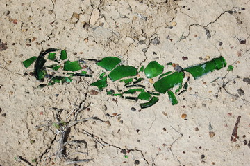 a broken bottle in a steppe ground