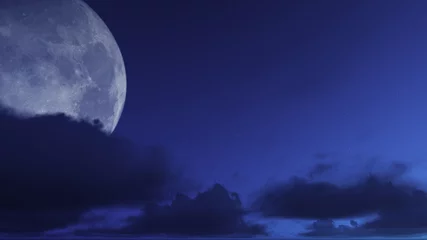 Tableaux ronds sur aluminium brossé Pleine Lune arbre Nuit de rendu 3D, fond de ciel de lune nuageux