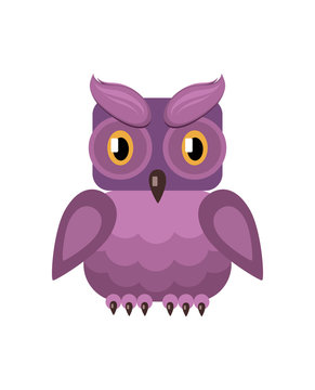 owl (Filin) with lilac plumage and yellow eyes, cartoon style