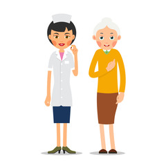 Doctor and patient. Practitioner woman stands and supports old woman patient. Hand of doctor on shoulder of elderly patient. Consultation and diagnosis. Illustration isolated on white background