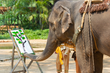 Elephant painting in picture elephant and tree frame, Asia Thailand 