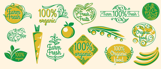 Natural organic product labels, emblems and design elements