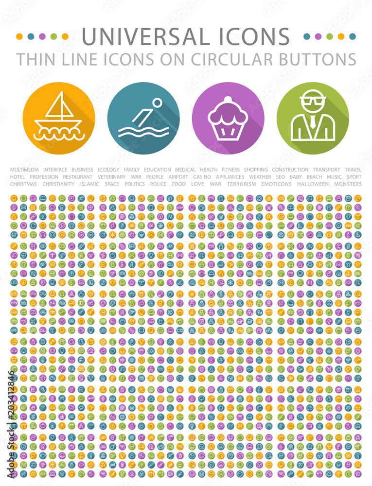 Poster set of elegant universal white minimal thin line icons on circular colored buttons on white backgrou