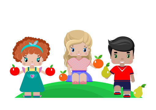 children with fruits on a picnic, a boy and two girls with apples, pears and oranges on a green lawn. isolated image