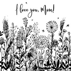 I love you, Mom black-and-white Background, celebration badge, tag. Text, card invitation, template. Vector illustration, Great design element for congratulation cards, print, banners and others - 203413845
