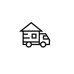 truck moving house icon with home symbol. relocation concept. simple clean thin outline style design.