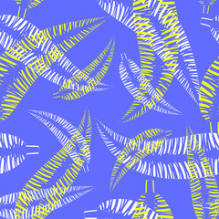 Vector pattern of white and yellow palm leaves on a blue background. For background or decoration of natural products.
