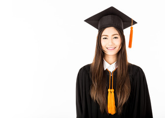 Beautiful Attractive Graduate Asian woman in cap and gown smile feeling so proud and happiness,Isolated on white background,Education Success Concept