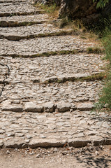 Close-up of the staircase to the Notre-Dame de Beauvoir church, above the graceful Moustiers-Sainte-Marie village. Alpes-de-Haute-Provence department, Provence region, southeastern France
