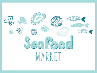 Hand Drawn Doodle Sketch Seafood illustration. Nautical background for seafood or fish restaurants, bars, markets or festivals. Vector template