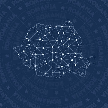 Romania network, constellation style country map. Astonishing space style, modern design. Romania network map for infographics or presentation.