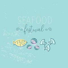 Hand Drawn Doodle Sketch Seafood illustration. Nautical background for seafood or fish restaurants, bars, markets or festivals. Vector template