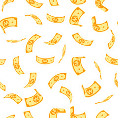 Obraz premium Korean won notes seamless pattern. Scattered WON bills. Korea sparse flying money pattern. Jackpot, wealth or success concept. Vector illustration.