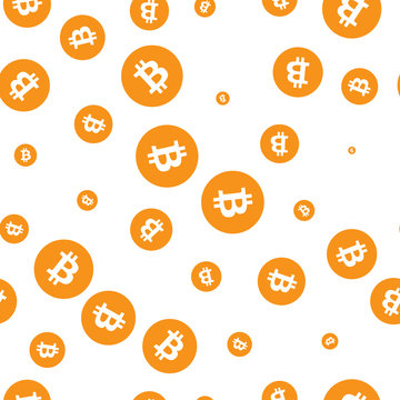 Bitcoins seamless pattern, white symbols of orange bitcoin on white background. Vector illustration.