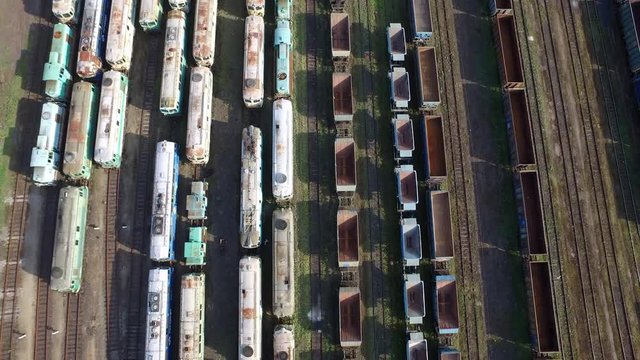 Flight over trains. Aerial shot