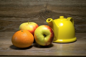 still life, apples, tangerine, teapot,