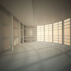 3d illustration. White interior of nonexistent building. Circular hall with transparent wall, multilevel ceiling and and external light. Sunset yellow light. Render.