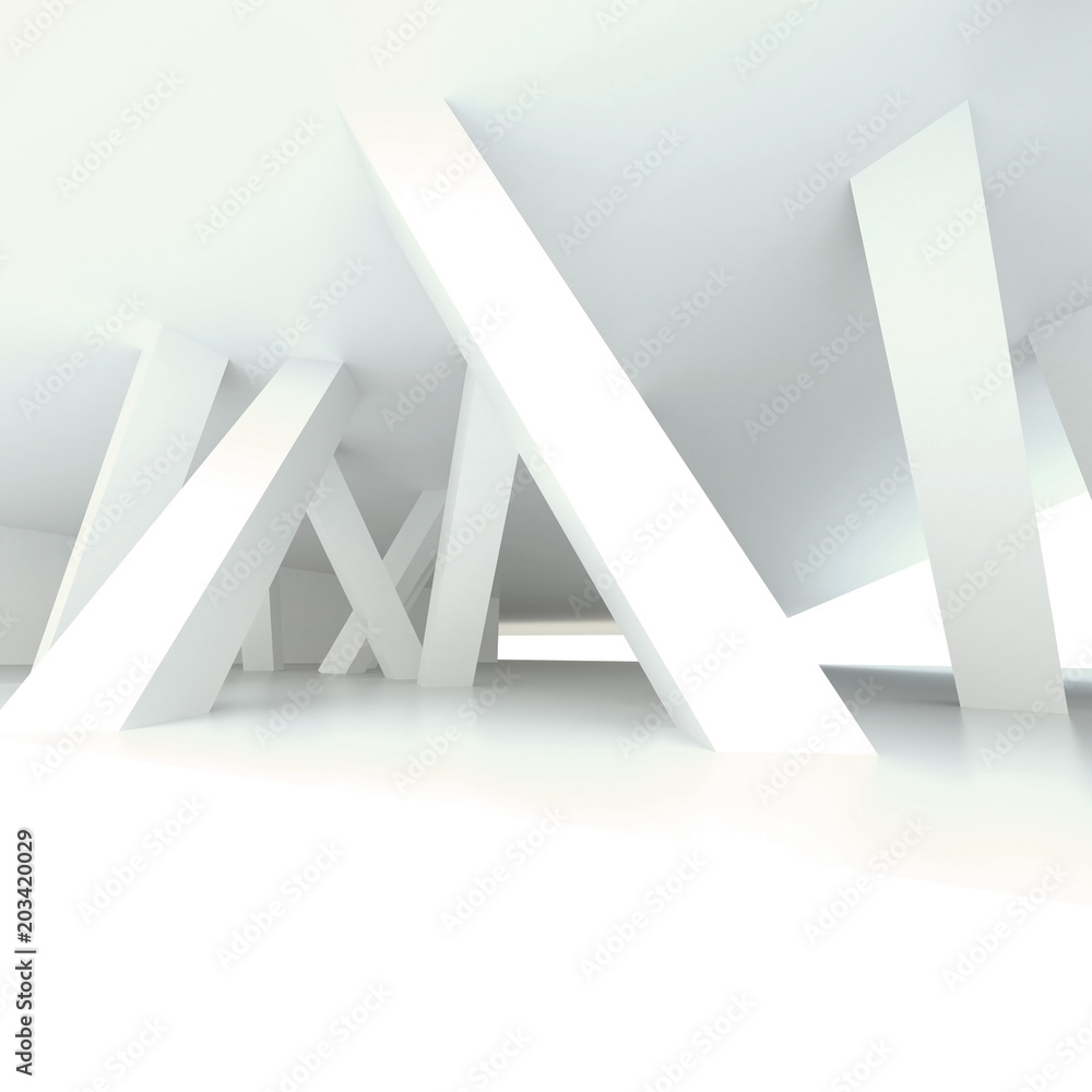 Poster 3d illustration. white modern interior of a non-existent room with inclined in different directions 