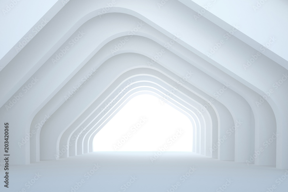 Poster 3d illustration. three dimensional white composition based on curve arches in perspective. architect