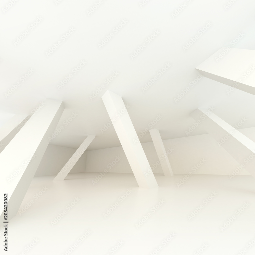 Poster 3d illustration. white modern interior of a non-existent room with inclined in different directions 