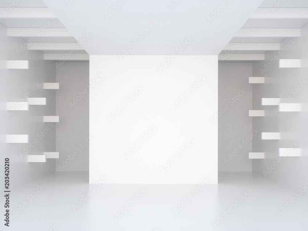 Poster 3d illustration. white interior of of not existing building with horizontal extruded wall elements i