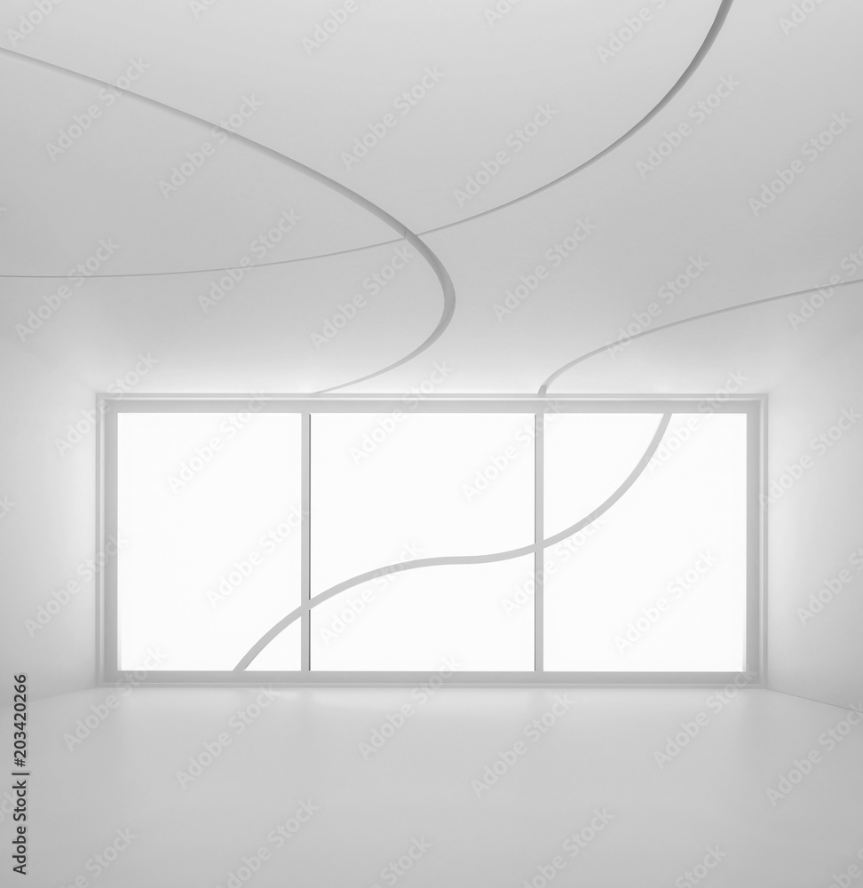 Poster 3d illustration. white interior of non existing building with round curved lines on the window and t