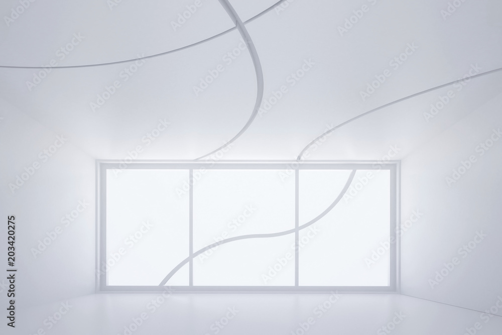 Poster 3d illustration. white interior of non existing building with round curved lines on the window and t