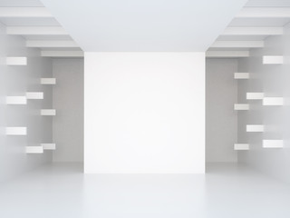 3d illustration. White interior of of not existing building with horizontal  extruded wall elements in perspective. Symmetrical view, render. Place for text.