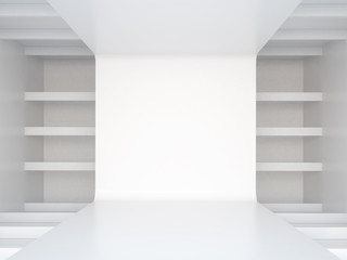 3d illustration. White interior of of not existing building with horizontal  extruded wall elements in perspective. Symmetrical view, render. Place for text.