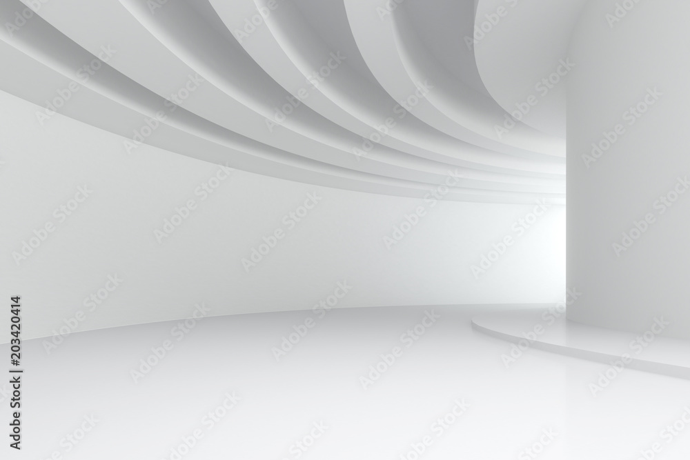 Poster 3d illustration. white abstract three-dimensional composition. long curve corridor with circular bea