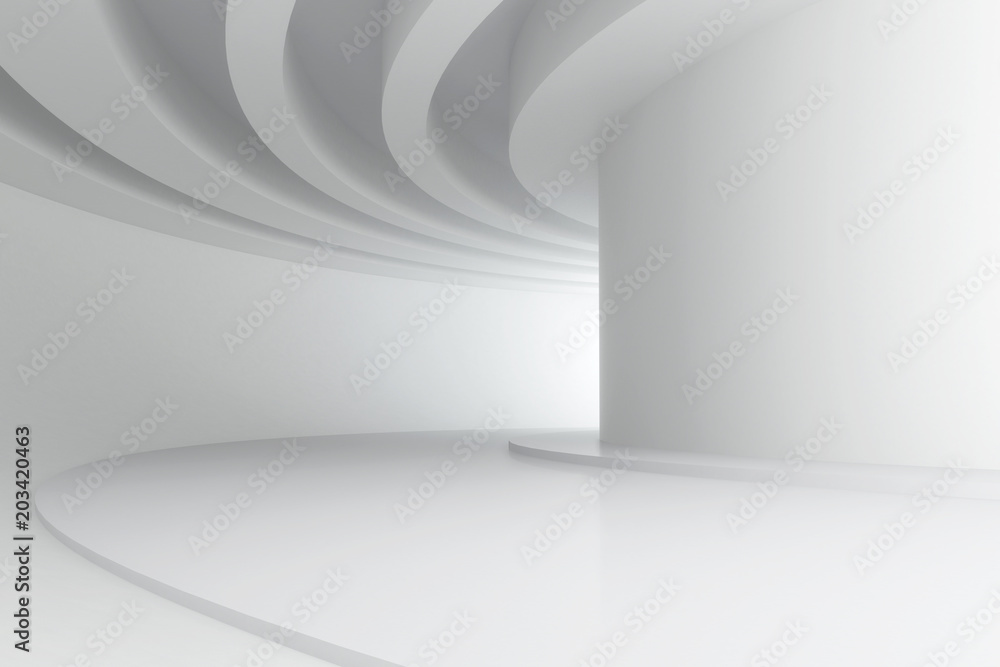 Poster 3d illustration. white abstract three-dimensional composition. long curve corridor with circular bea