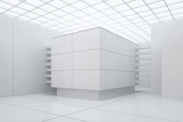 3d illustration. White modern interior of a non-existent building with square ceiling, cubic stand and space for exhibitions. Render, showroom.