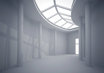 3d illustration. White interior of nonexistent building. Long circular corridor with overhead lighting in perspective. Render.