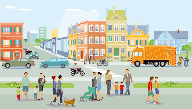 Stadt mit Fußgänger und Verkehr, Illustration