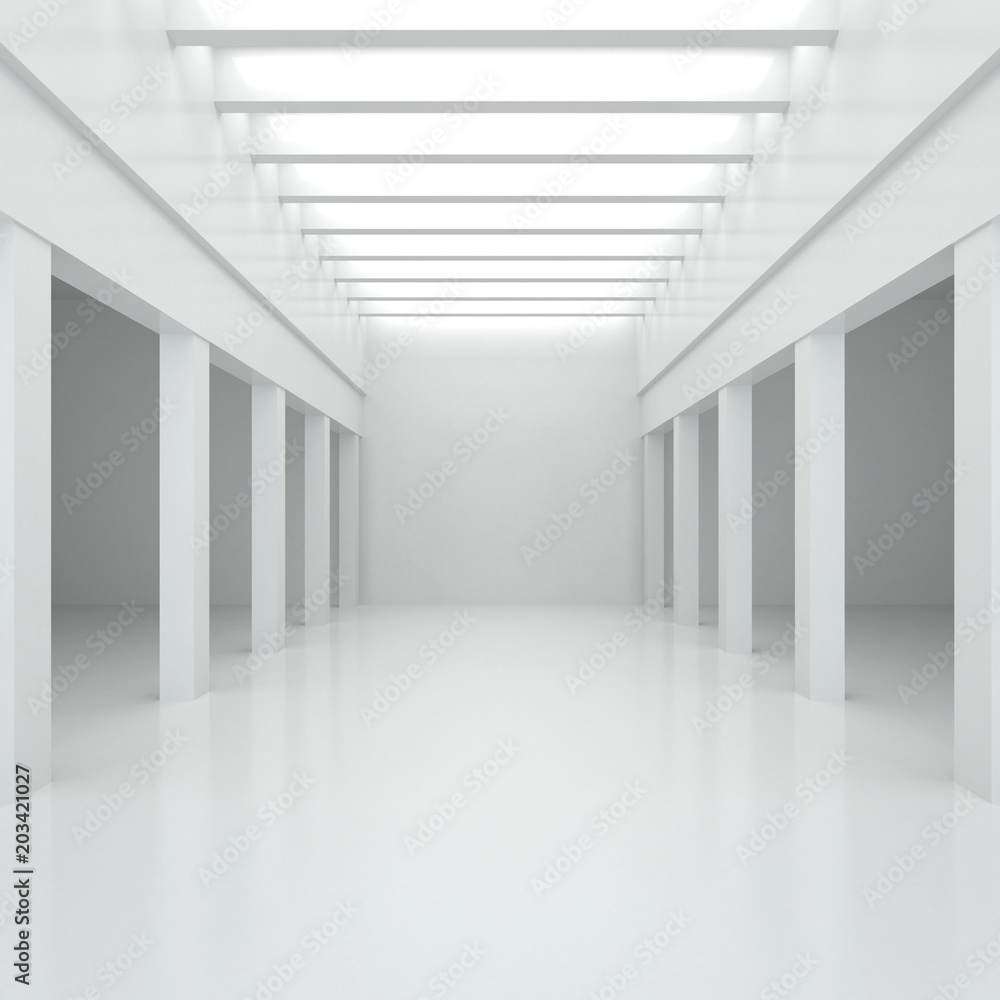 Poster 3d illustration. white interior of of not existing building with columns and beamed ceilings and top