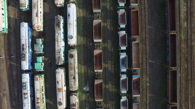 Flight over trains. Aerial shot