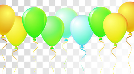 Bright Realistic Helium Vector Balloons Flying. Happy Birthday, New Year Party Ornament. Neon Modern Holidays Decoration, Air Helium Balloons. Celebration, Music Poster Discount Card Cool Design. © graficanto