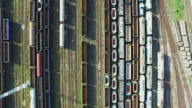 Flight over trains. Aerial shot