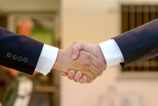 Two businessmen giving a firm handshake