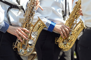 Closeup of children's brass band playing in the park.