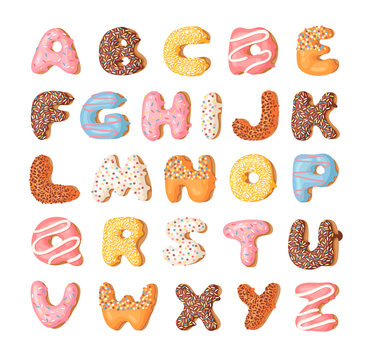 Cartoon vector illustration donut. Hand drawn font with sweet bun. Actual Creative art bake alphabet
