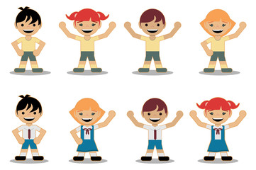 group of kids with school uniforms and sports uniforms, set of smiling girls and boys on white background to fill. Flat style design.