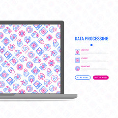 Data processing concept with thin line icons: data science, filtering, deep learning, mobile syncing, big data, modeling API, cloud database. Modern vector illustration, web page template.