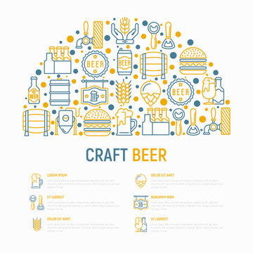 Craft beer concept in half circle with thin line icons related to Octoberfest: beer pack, hop, wheat, bottle opener, manufacturing, brewing, tulip glass, mag with foam, can. Modern vector illustration